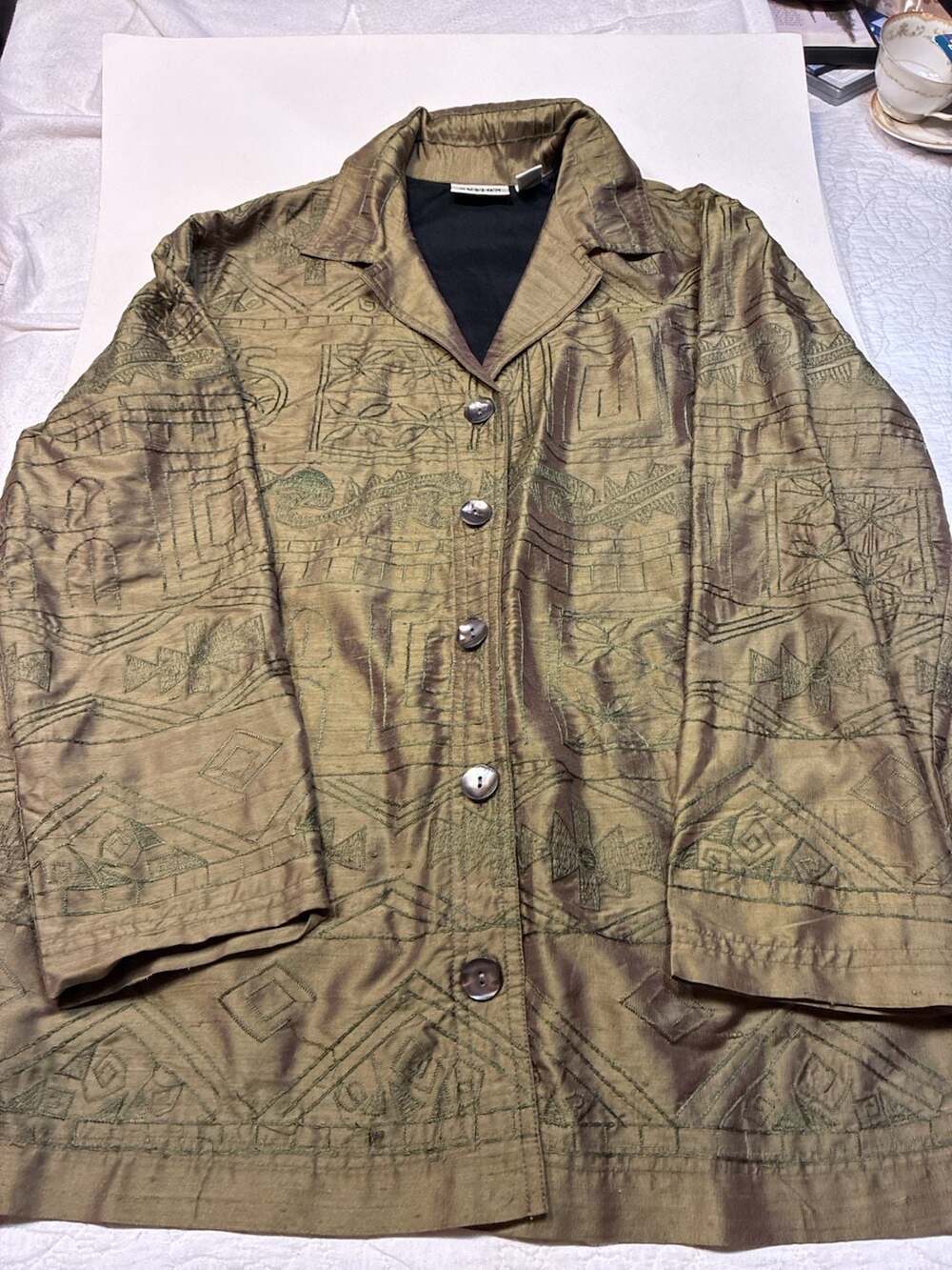 Chico's Design Silk Jacket Size 0 Bronze Green Embroidered Art To Wear